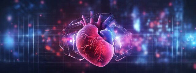 A digital heart with holographic graphs and charts overlaying it, representing the data collection process for AI-based patient care.