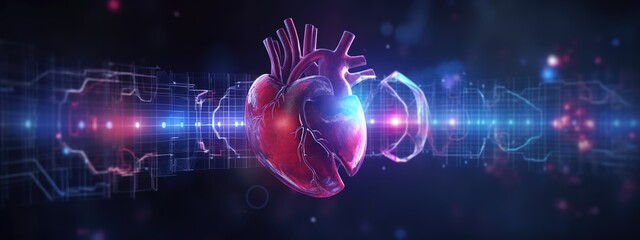 A digital heart with holographic graphs and charts overlaying it, representing the data collection process for AI-based patient care.