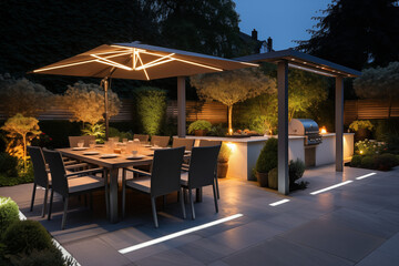 Fototapeta premium A contemporary garden patio with comfortable seating, a fire pit, decorative pillows. Generative AI tools