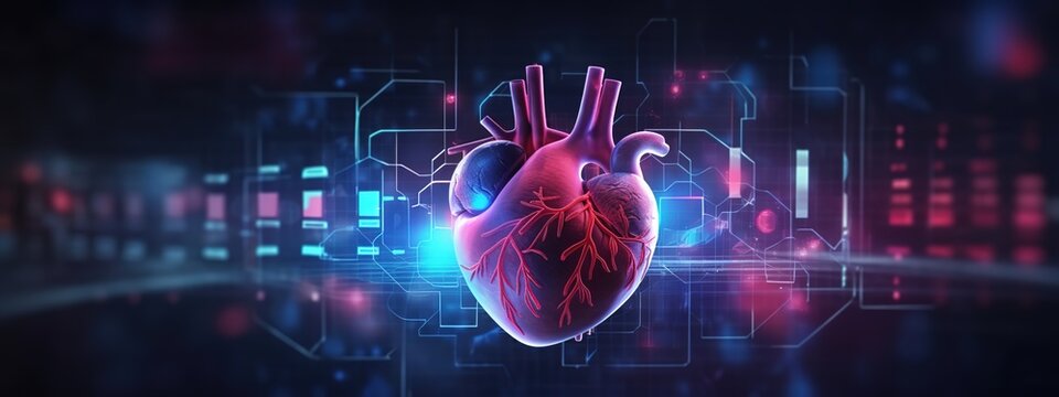 A digital heart with holographic graphs and charts overlaying it, representing the data collection process for AI-based patient care. 
