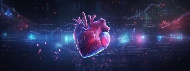 A digital heart with holographic graphs and charts overlaying it, representing the data collection process for AI-based patient care.