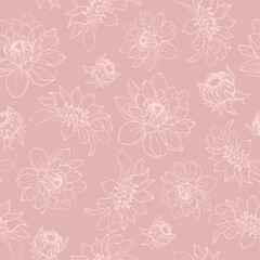 Pattern with hand drawn pink dahlia flowers