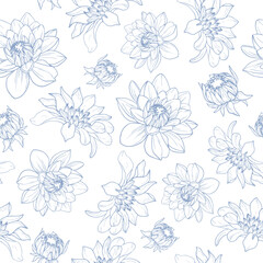 Seamless dahlia floral pattern, vector hand draw