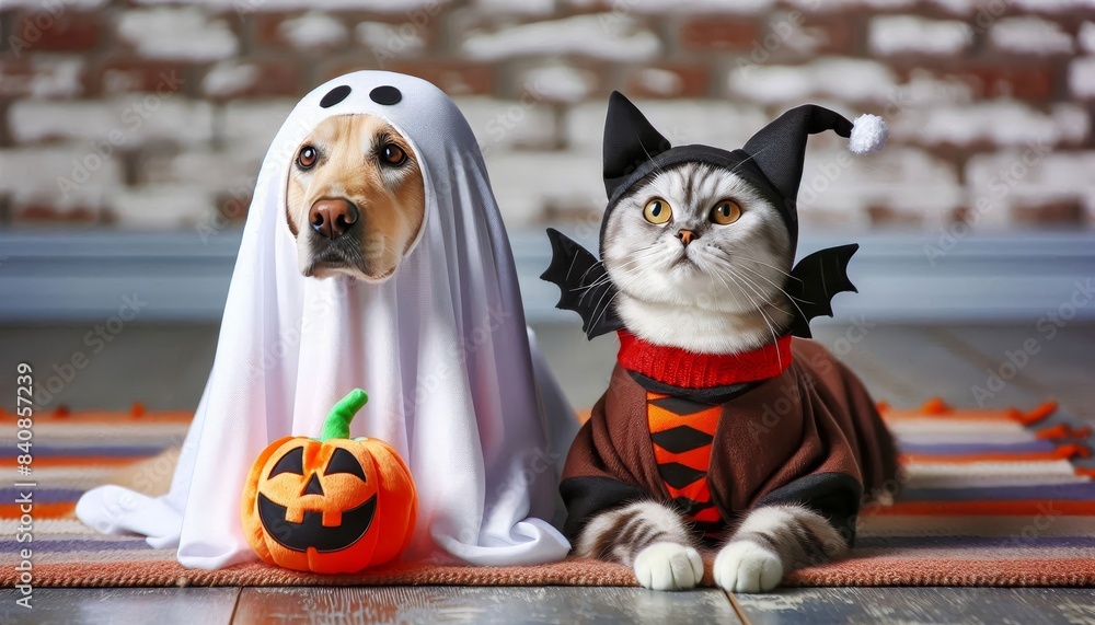 Wall mural Dog and cat in Halloween costume beside ghost - A cat dressed in a Halloween wizard costume sits next to a ghost and a jack-o'-lantern