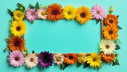 Obraz premium Abstract landscape oriented blank frame encircled by a diverse mix of colorful flowers on a teal background art illustration design