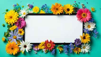 Fototapeta premium Abstract landscape oriented blank frame encircled by a diverse mix of colorful flowers on a teal background art illustration design