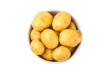 Young potatoes. Fresh potatoes isolated on white background. potato in burlap sack. Harvesting collection. organic, freshly dug potatoes. Agricultural background. Vegan. Vegetables.