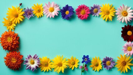 Abstract landscape oriented blank frame encircled by a diverse mix of colorful flowers on a teal background art illustration design