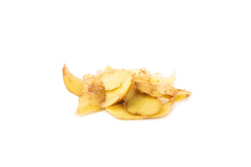 Naklejka premium Young potatoes. Raw potatoes and knife isolated on white background.Peel potatoes.Harvesting collection. organic, freshly dug potatoes. Agricultural background. Vegan. Vegetables.