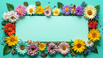Obraz premium Abstract landscape oriented blank frame encircled by a diverse mix of colorful flowers on a teal background art illustration design