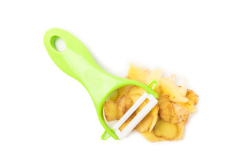 Young potatoes. Raw potatoes and knife isolated on white background.Peel potatoes.Harvesting collection. organic, freshly dug potatoes. Agricultural background. Vegan. Vegetables.