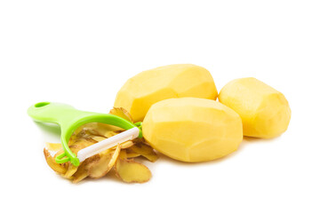Young potatoes. Raw potatoes and knife isolated on white background.Peel potatoes.Harvesting collection. organic, freshly dug potatoes. Agricultural background. Vegan. Vegetables.