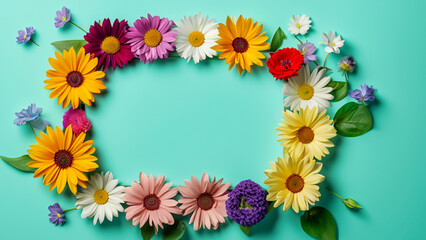 Obraz premium Abstract landscape oriented blank frame encircled by a diverse mix of colorful flowers on a teal background art illustration design