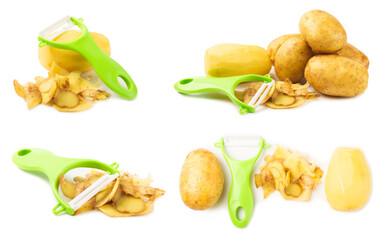 Young potatoes. Raw potatoes and knife isolated on white background.Peel potatoes.Harvesting collection. organic, freshly dug potatoes. Agricultural background. Vegan. Vegetables.