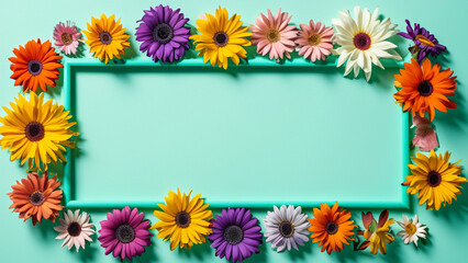 Abstract landscape oriented blank frame encircled by a diverse mix of colorful flowers on a teal background art illustration design