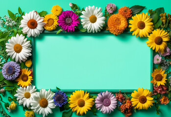 Abstract landscape oriented blank frame encircled by a diverse mix of colorful flowers on a teal background art illustration design