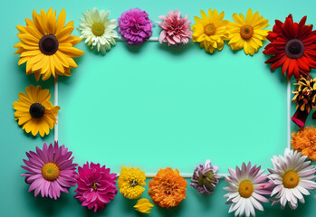 Fototapeta premium Abstract landscape oriented blank frame encircled by a diverse mix of colorful flowers on a teal background art illustration design