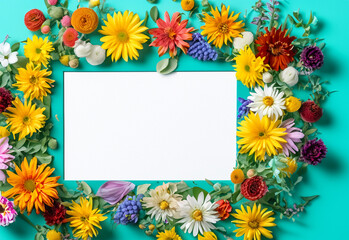 Fototapeta premium Abstract landscape oriented blank frame encircled by a diverse mix of colorful flowers on a teal background art illustration design