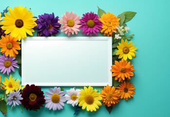 Abstract landscape oriented blank frame encircled by a diverse mix of colorful flowers on a teal background art illustration design