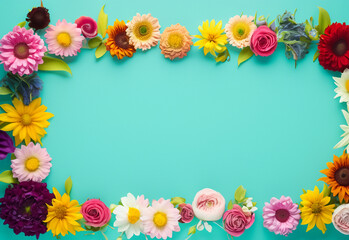 Abstract landscape oriented blank frame encircled by a diverse mix of colorful flowers on a teal background art illustration design