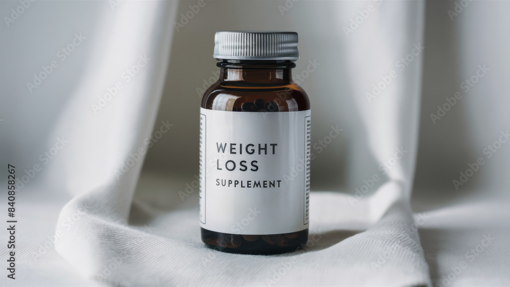 Canvas Prints A bottle of a weight loss supplement that is sitting on top of some fabric, AI