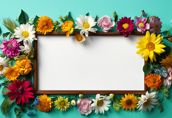 Abstract landscape oriented blank frame encircled by a diverse mix of colorful flowers on a teal background art illustration design