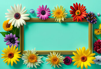 Obraz premium Abstract landscape oriented blank frame encircled by a diverse mix of colorful flowers on a teal background art illustration design