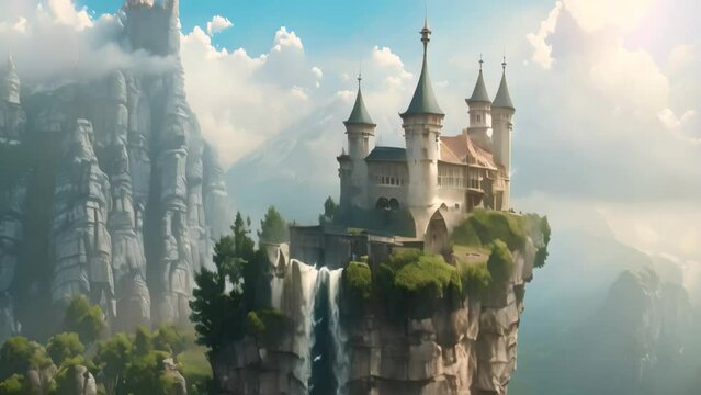 A fairytale castle stands on a cliff overlooking a majestic waterfall, A whimsical fairytale castle perched on a cliff overlooking a waterfall