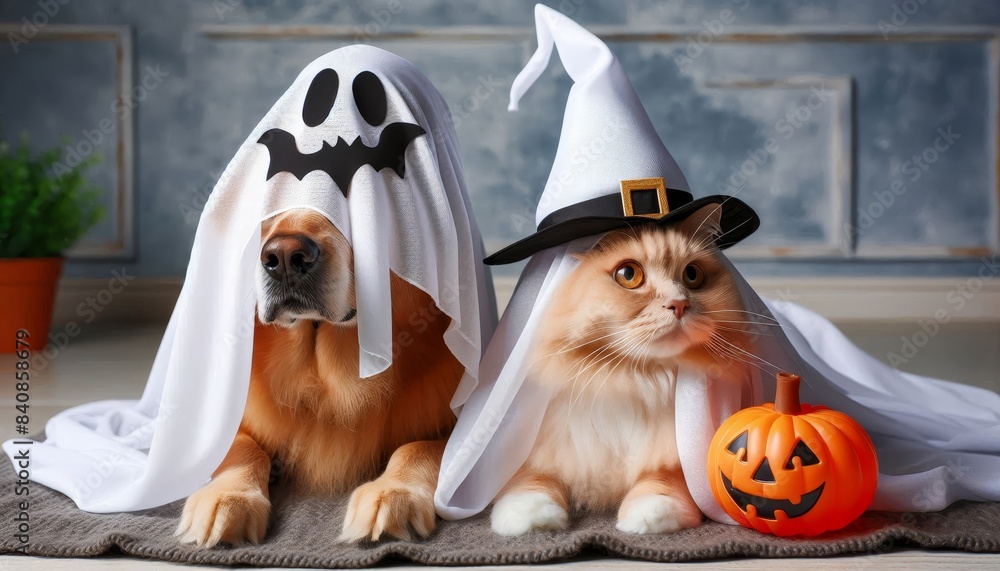 Poster Golden Retriever and cat in Halloween costumes - A dog and cat are dressed in a ghost costume and witch hat, respectively, with a jack-o'-lantern