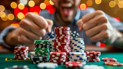 Excited Poker Player Winning at Casino Table