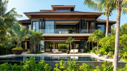 Fototapeta premium Luxurious modern villa with glass windows, tropical plants, and a pool, perfect for relaxation.