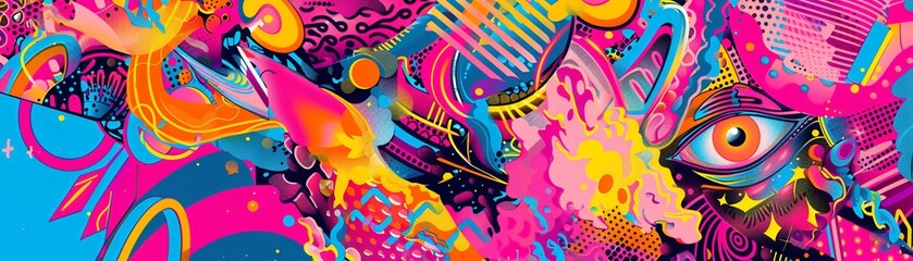 A vibrant and dynamic abstract collage art with a blend of psychedelic and pop art influences, featuring swirling patterns, bright neon colors