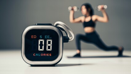 A woman doing a workout with an electronic fitness device on the floor, AI
