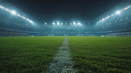Empty Football Stadium Field At Night With Lights On