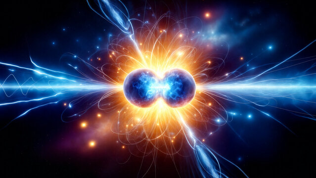 Nuclear fusion in abstract scientific illustration style, two hydrogen / helium / lithium atoms on collision course, merging together at center with brilliant burst of energy radiating outward.