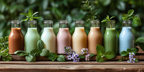 Plant milk, various types of vegan milk. There is a growing trend towards using dairy alternatives in search of a more sustainable and health-conscious lifestyle.