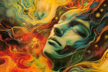 Naklejka premium Surreal and colorful painting of a woman’s face blending with abstract flowing shapes and cosmic elements. The vibrant artwork evokes a sense of dreamlike wonder and imagination.