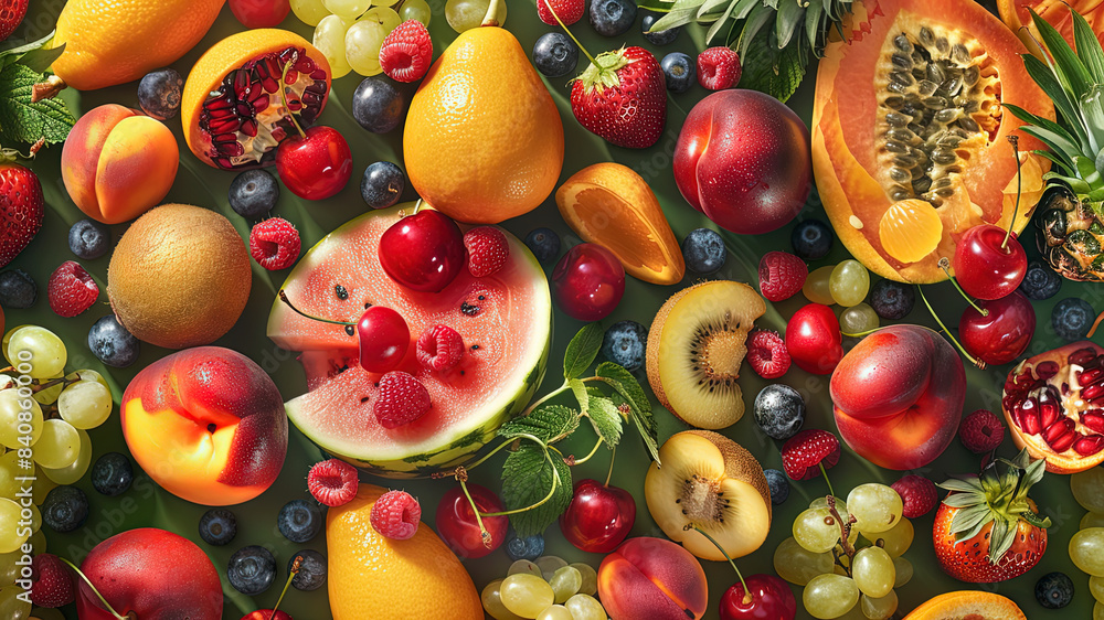 Wall mural summer fruits on background, delicious fruits on colored background, background of summer fruits, fruits banner