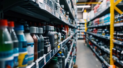 A close-up shot of shelves in an auto parts store filled with various bottles and products - Powered by Adobe