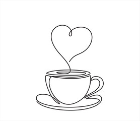 One continuous single line of hand drawn with cup of coffee decorated with heart symbol isolated on white background.