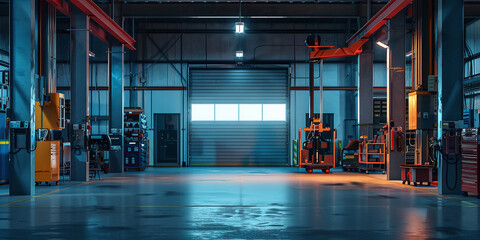 Empty workshop with a lift in a car repair station