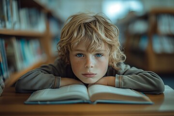 child reading book in library sitting on a desk looking at camera