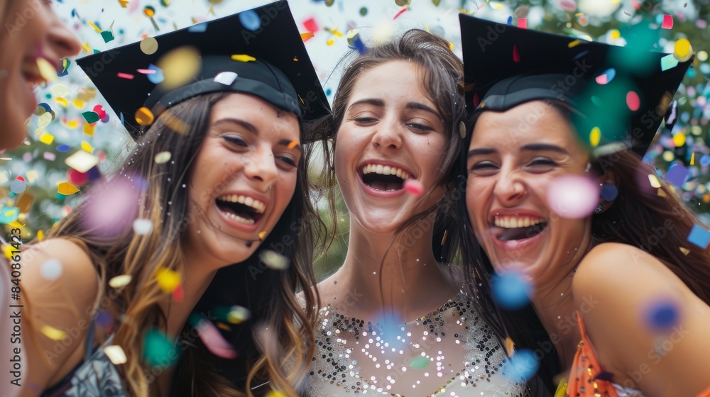 Wall mural Three female friends in graduation caps laugh and celebrate with confetti - Wall murals