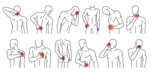 Human body pain spots. Man figures with highlighted areas of pain or discomfort, line art vector illustration set.
