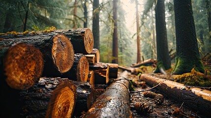 Sustainable timber industry within a lush evergreen forest, logs arranged in a neat pile, showcasing the meticulous process of forestry, backdrop features an array of mature pine trees