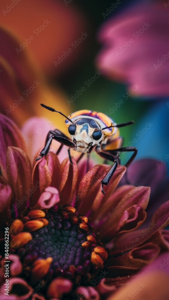 Poster a bug on a flower with colorful background in the picture, ai