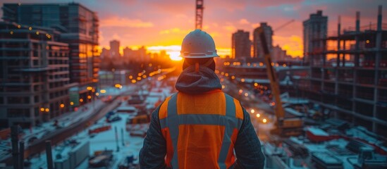Obraz premium construction worker, looking out over a bustling construction site at sunset, safety gear