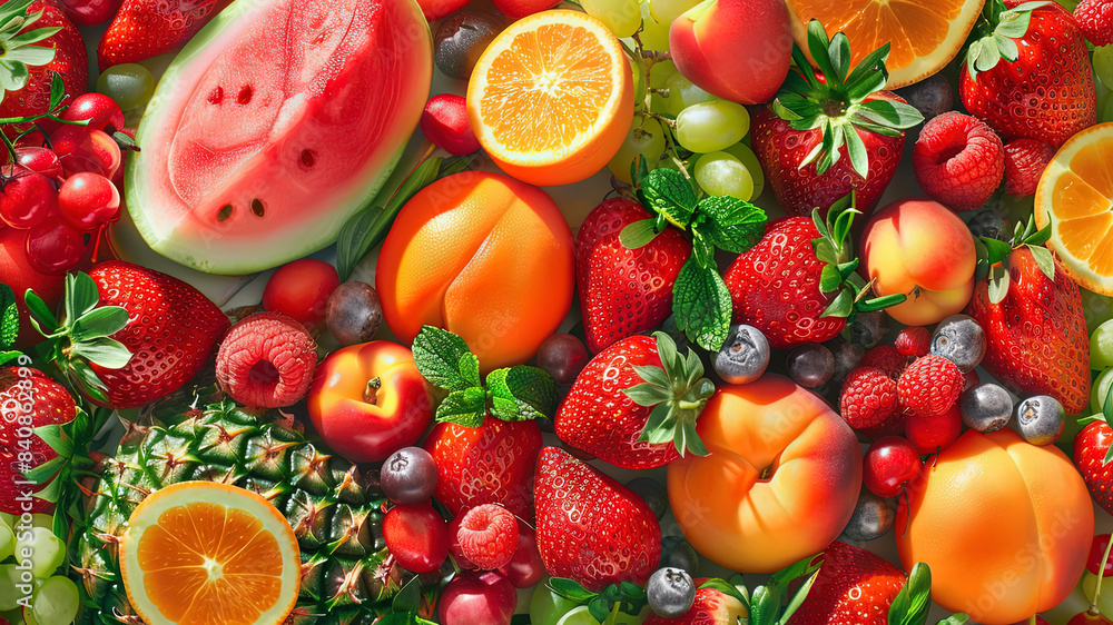 Wall mural summer fruits on background, delicious fruits on colored background, background of summer fruits, fruits banner