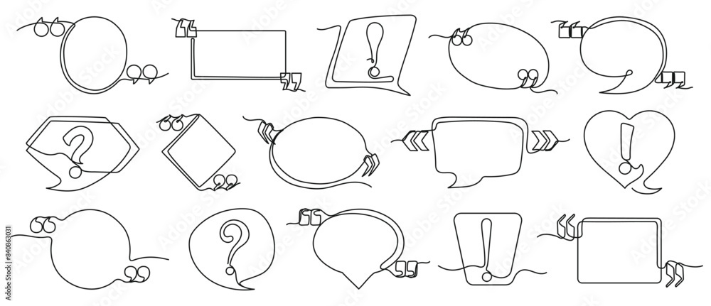 Poster continuous one line quote frames. hand drawn speech and thought bubbles with exclamation points, que
