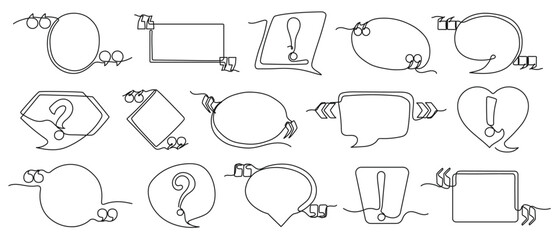 Continuous one line quote frames. Hand drawn speech and thought bubbles with exclamation points, question and quotation marks vector set.